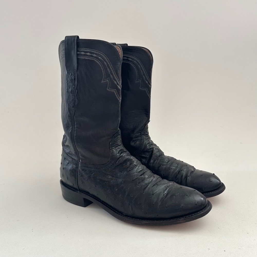 Lucchese 2000 Black Ostrich Leather Cowboy Boots Mens Size 10D Western Rodeo